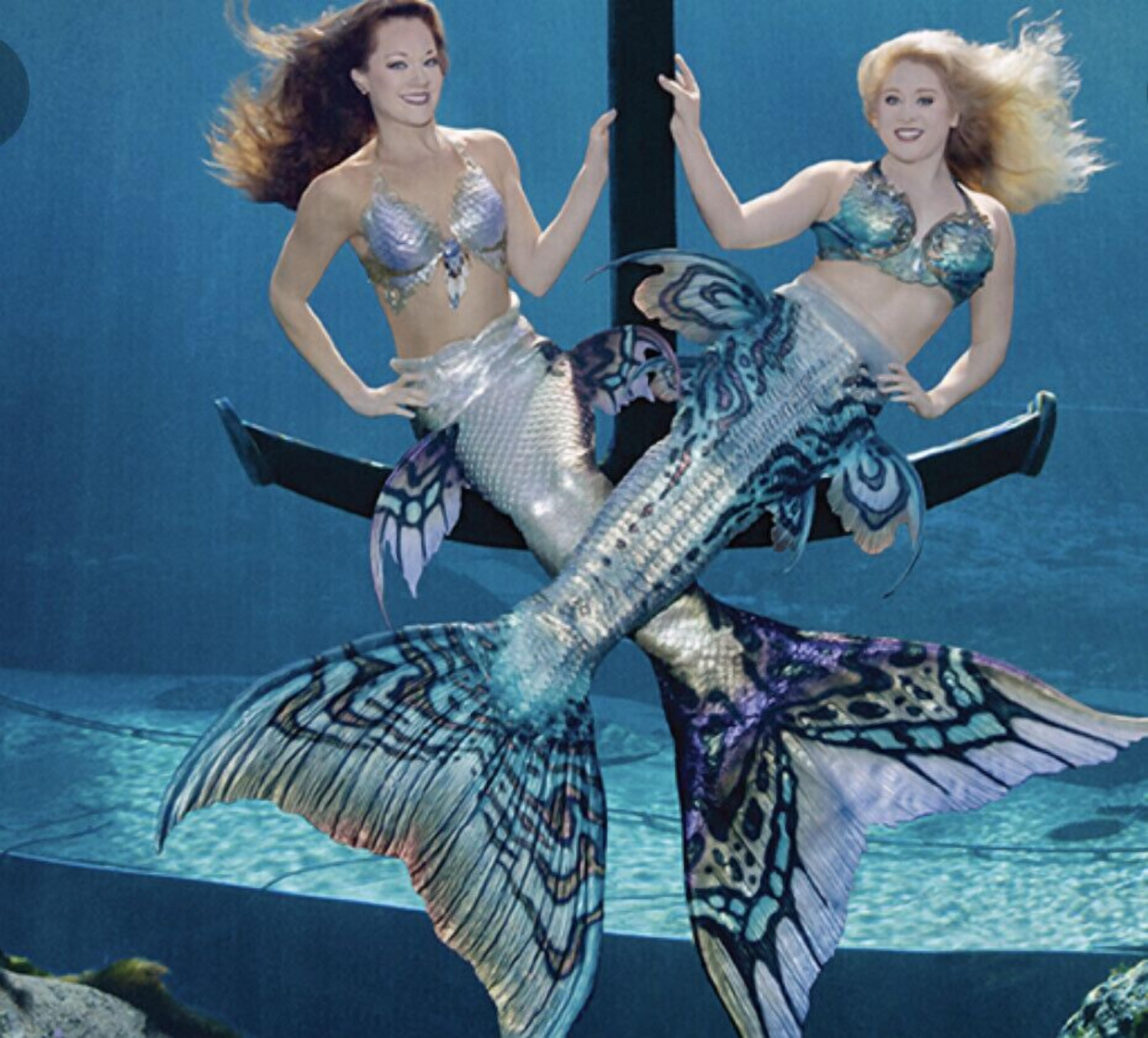 Two mermaids with elaborate tails in an underwater setting.
