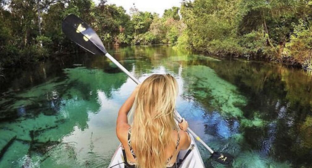 A person kayaking on a clear river surrounded by dense greenery.