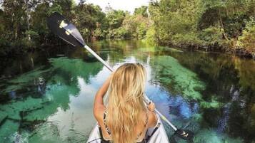 A person kayaking on a clear river surrounded by dense greenery.