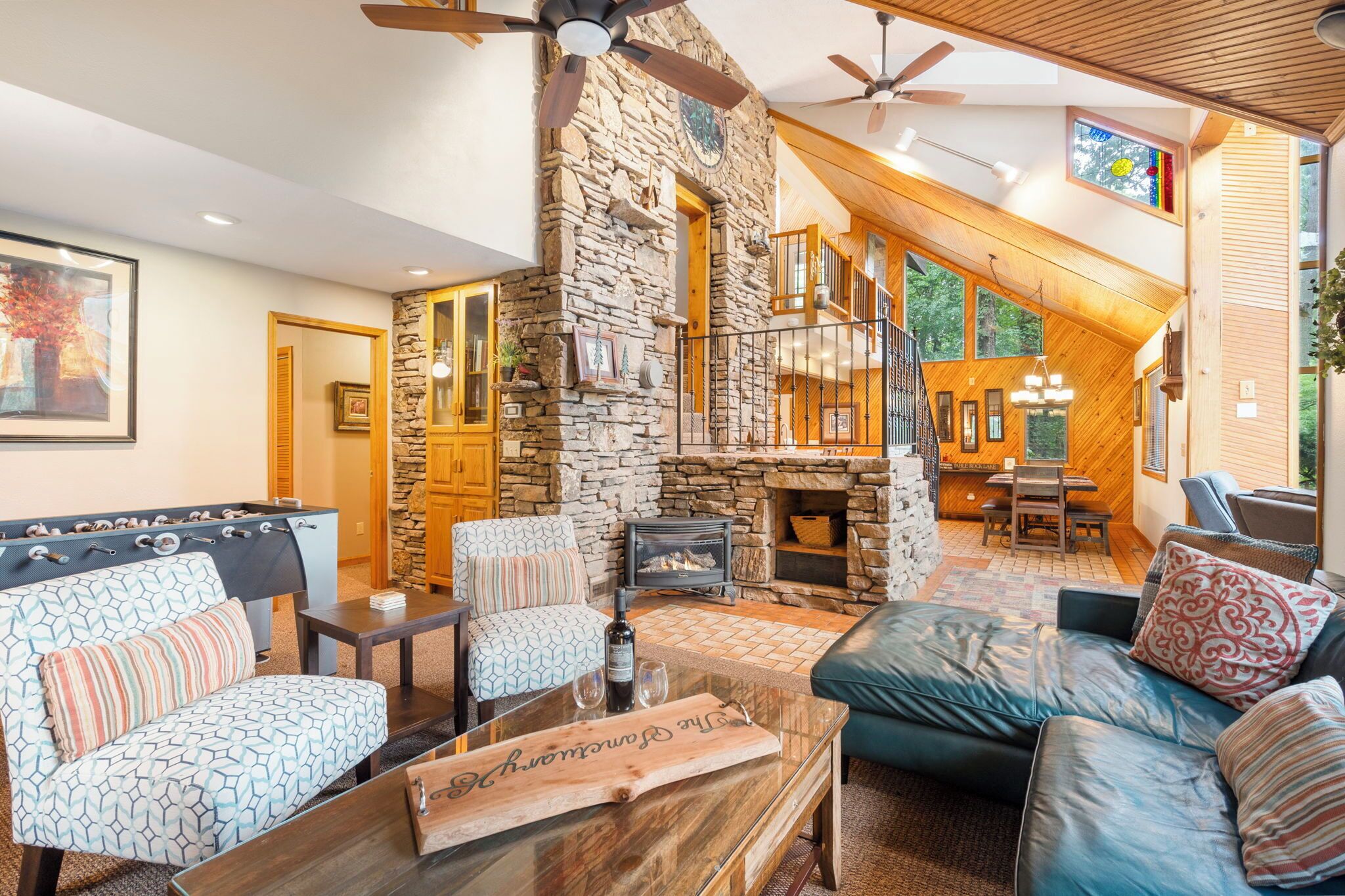 TV, fireplace, DVD player, foosball