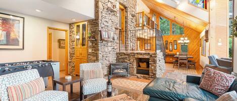 TV, fireplace, DVD player, foosball