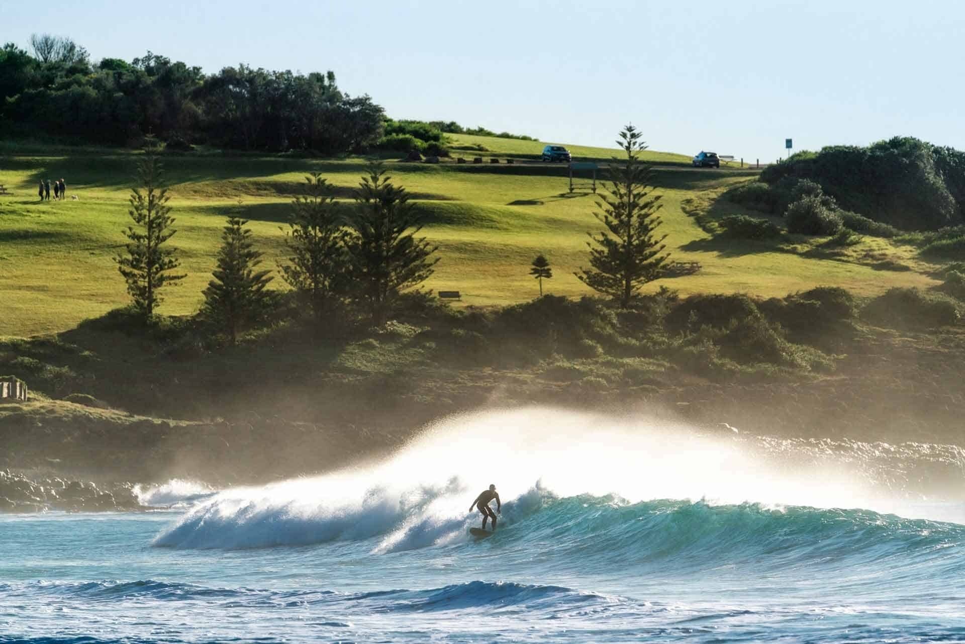 Un surfeur surfe sur une vague, avec un paysage côtier en arrière-plan.