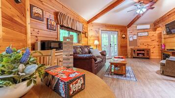 Televisión, chimenea, reproductor de DVD y estéreo