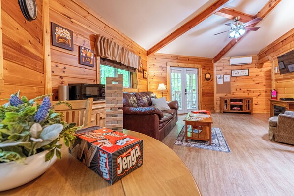 Télévision, cheminée, lecteur de DVD, chaîne hi-fi