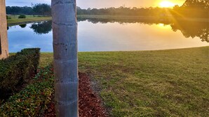 Ein friedlicher Seeblick mit ruhiger Wasseroberfläche, die den Himmel spiegelt, umgeben von Wiesen und Bäumen.