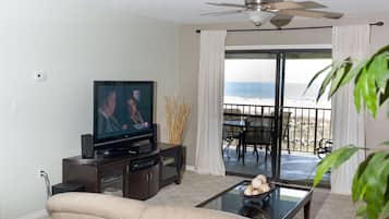 Smart TV, fireplace, DVD player, stereo