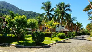 A paved street lined with palm trees and well-maintained lawns, leading to a building with a thatched roof.