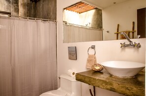 Chuveiro, secador de cabelo, toalhas de banho, papel higiênico