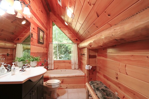 Une salle de bain rustique, aménagée dans une cabane en bois, avec un lavabo, des toilettes et une baignoire.