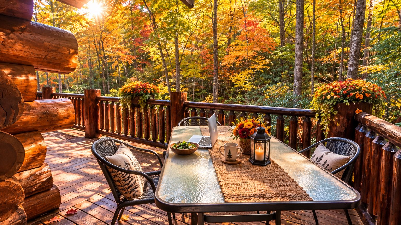 A wooden deck with a table, chairs, and a laptop.