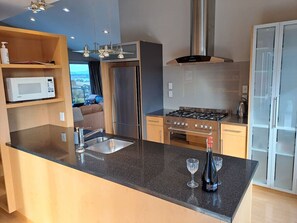 A modern kitchen with a central island, stainless steel appliances, and a view through the window.