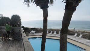 A wooden deck with a pool, palm trees, and a view of the ocean. - Pet-Friendly Beach Retreat Near Pool/Pickle Ball Courts With Weekly Discounts! (Port St Joe)