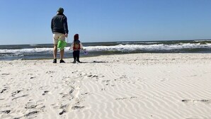 A sandy beach with footprints leading to the water. - Pet-Friendly Beach Retreat Near Pool/Pickle Ball Courts With Weekly Discounts! (Port St Joe)