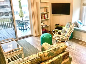 Smart TV, DVD player, books, video library