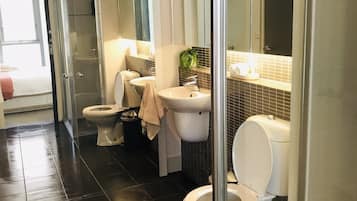 Shower, hair dryer, towels, shampoo