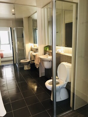 Shower, hair dryer, towels, shampoo