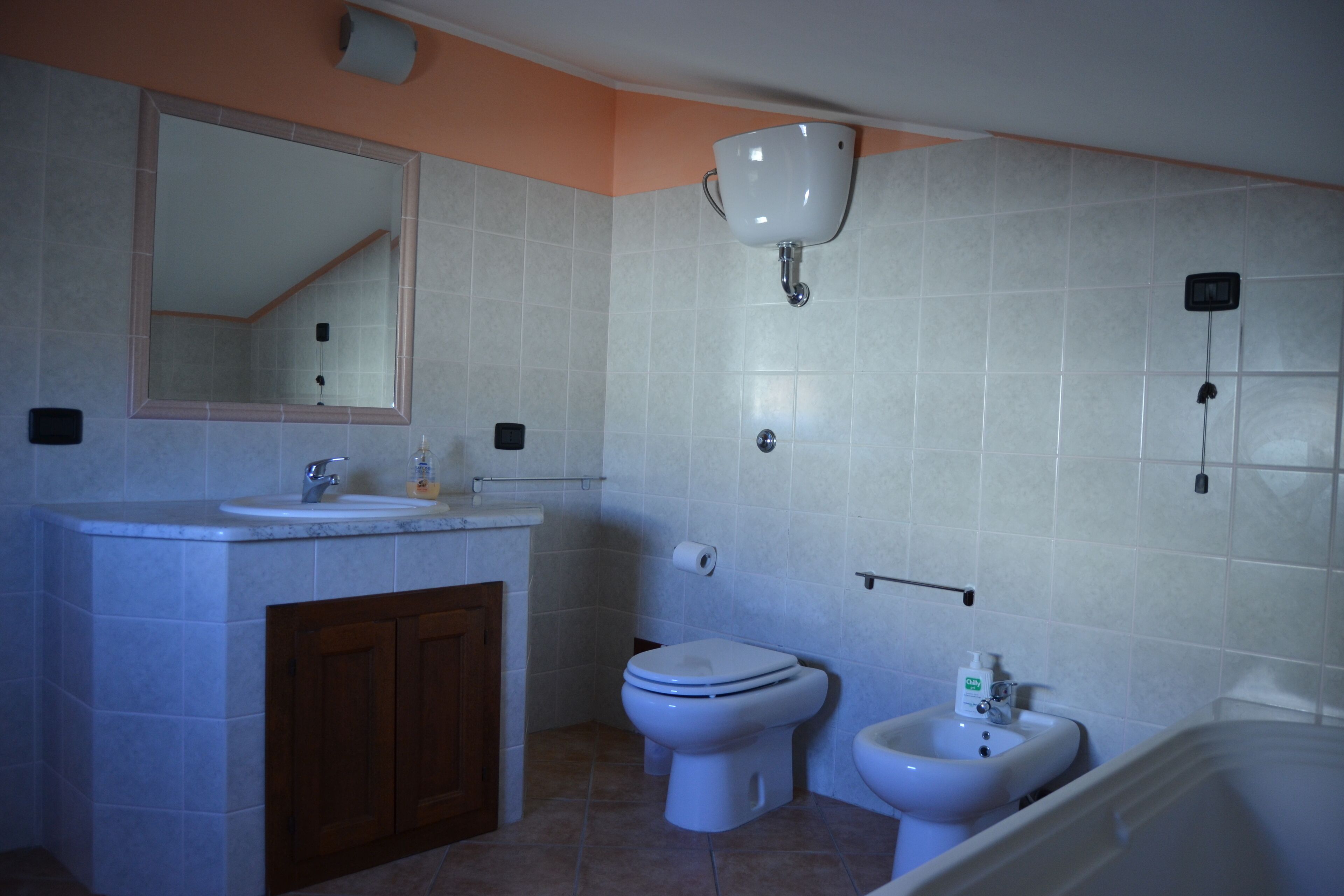 Ein Badezimmer mit Waschbecken, Toilette, Bidet und Badewanne.