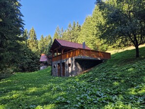 Une cabane avec des fondations en pierre et un étage supérieur en bois, entourée d’une végétation luxuriante et d’arbres.