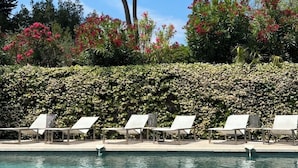 A pool area with clear water, surrounded by lounge chairs and a stone wall with greenery and trees.