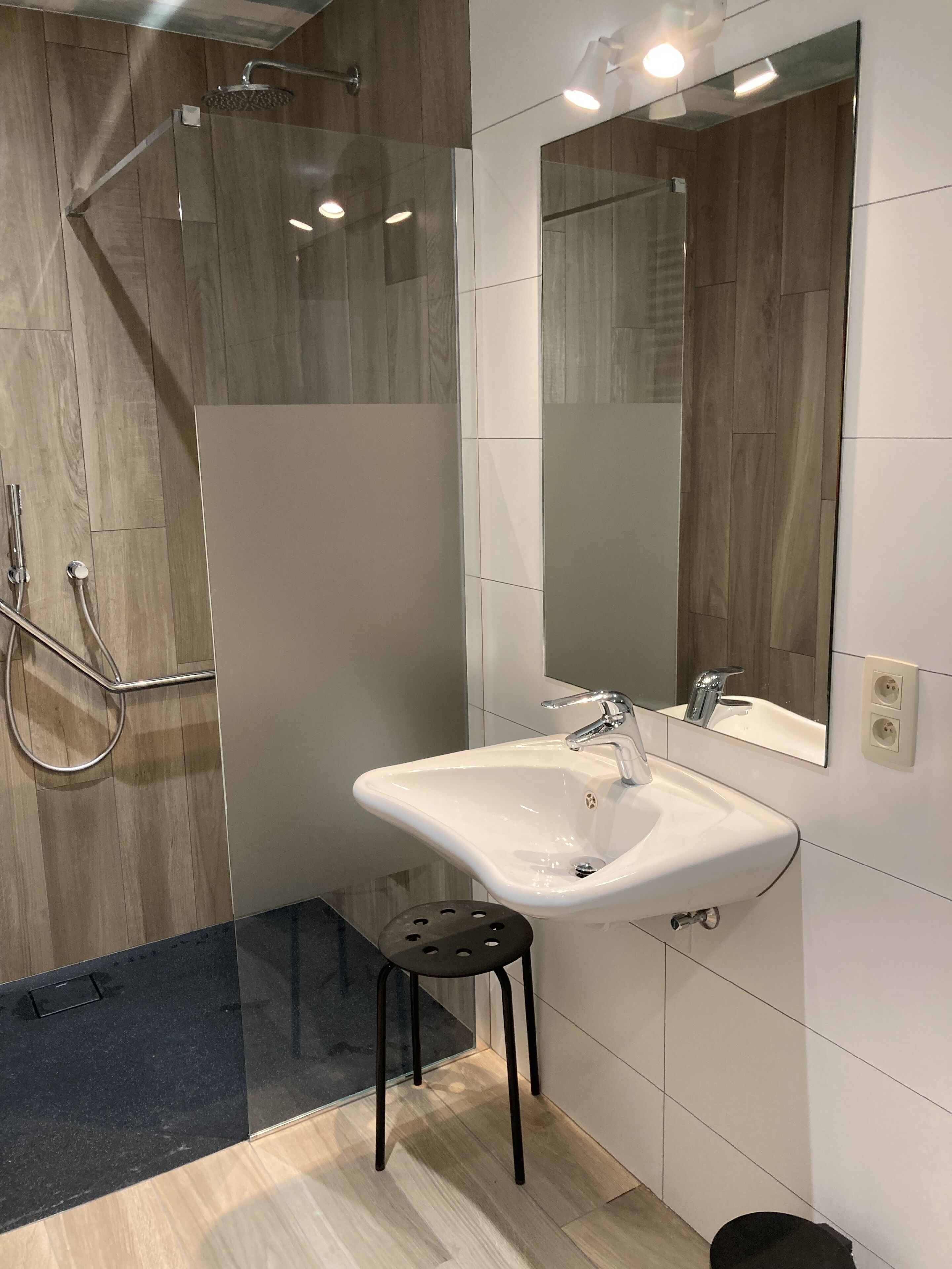 A modern bathroom with a shower, sink, and mirror.