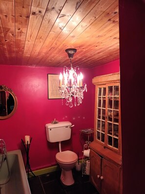 A bathroom with a wooden ceiling, a pink wall, a white toilet, a chandelier, and a cabinet with glass doors. - Beautiful Cottage Full of Art & Atmosphere (Templemore)