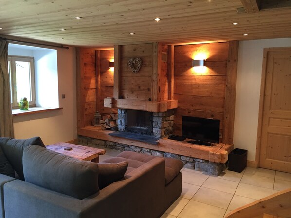 Télévision, cheminée, jeux vidéo, lecteur de DVD