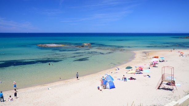 A beach with clear turquoise waters, people sunbathing, and colorful umbrellas. - House in the countryside with wonderful views Asinara Gulf and Castelsardo (Castelsardo)