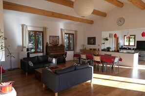 TV, fireplace, DVD player, books