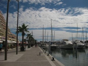 Stroll along the marina promenade, lined with palm trees and offering scenic views of the docked boats.