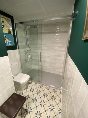 Combined shower/tub, hair dryer, towels, soap