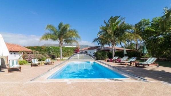 Relax by the serene pool surrounded by palm trees and lounge chairs.
