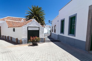A narrow street with white buildings, a tiled roof, and a palm tree.