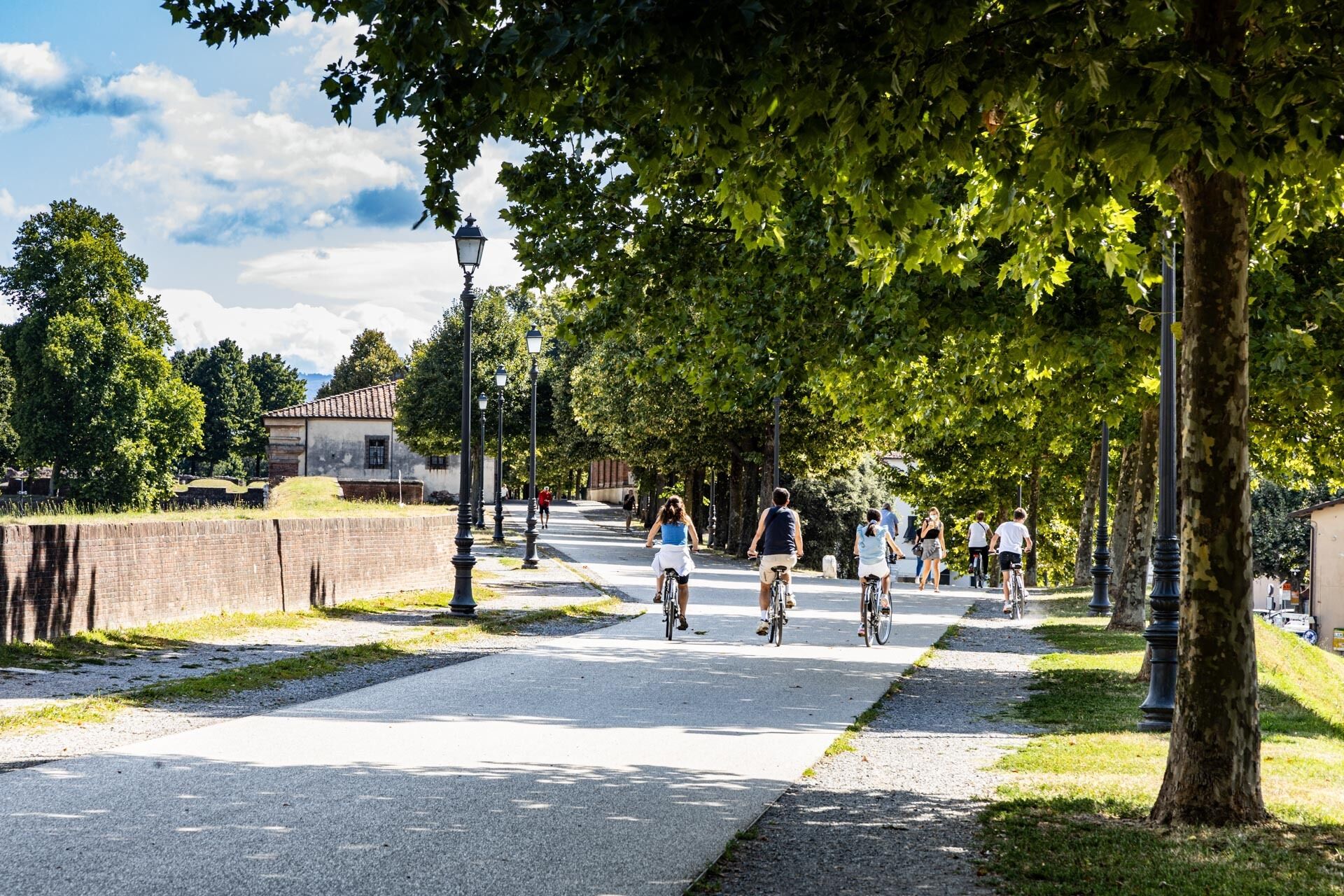 Un camí pavimentat flanquejat per arbres i fanals, amb gent caminant i pedalant.