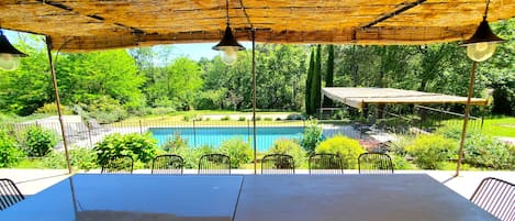 An outdoor dining area with a table and chairs, a pool in the background, and a thatched roof overhead.