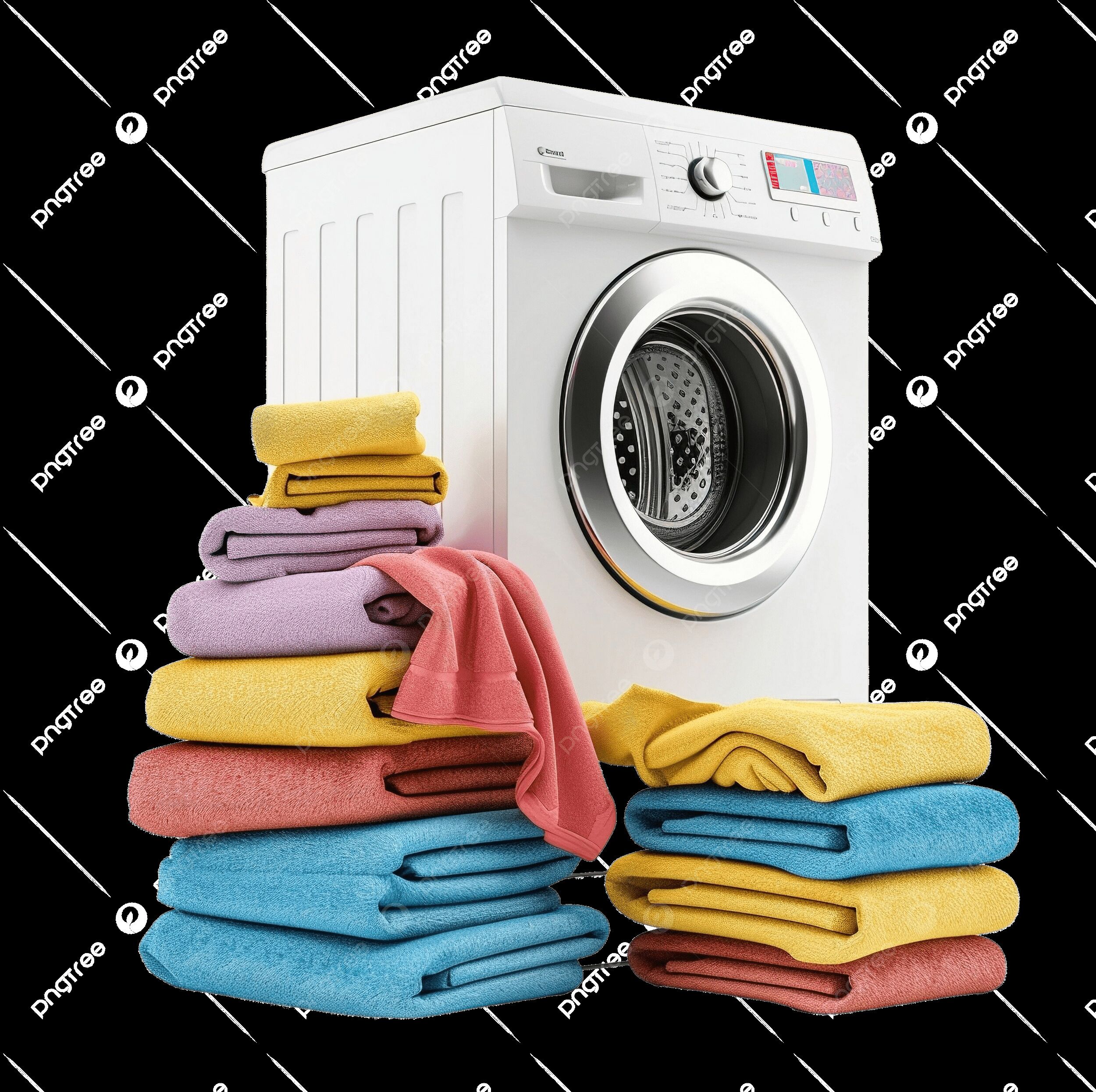 A front-loading washing machine with a control panel and a digital display, accompanied by a stack of folded towels in various colors.