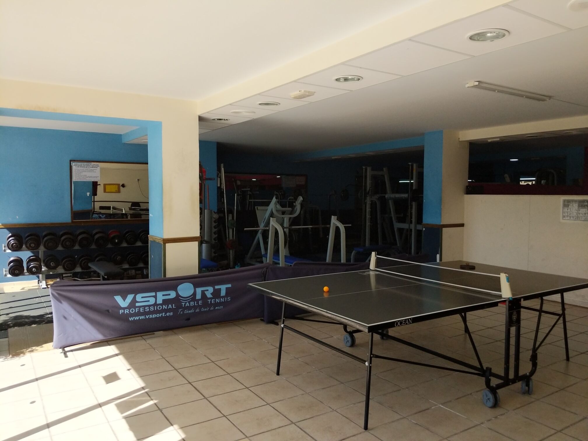 A sports hall with a table tennis table, weightlifting equipment, and a banner advertising VSPORT.