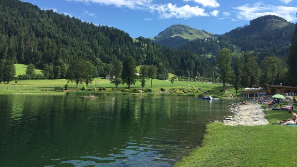 A serene lakeside view with a grassy area, a small dock, and a building with a roof and windows. - Convenient modern apartment in Soell, close to the ski lift (Söll)