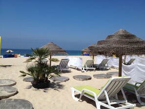 Una playa con sillas de descanso, sombrillas de paja y una palmera.