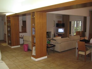 TV, fireplace, books, stereo