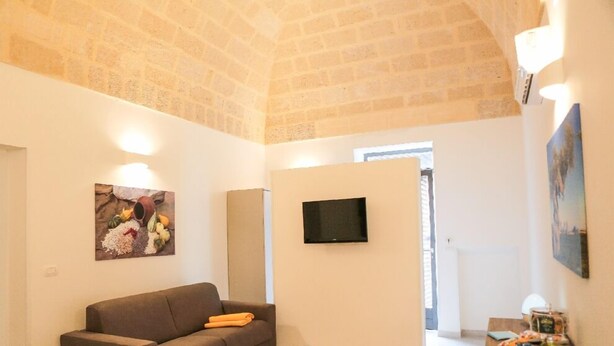 A living room with a brick ceiling, a grey sofa, a flat-screen TV, and a painting on the wall. - Ailanthus Holiday Suites (Polignano a Mare)