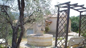 Une fontaine en pierre avec un bassin circulaire, entourée d’oliviers et d’une structure en forme de pergola.