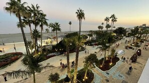 A promenade with palm trees, a beach, and a view of the ocean.