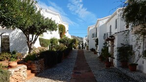 Une ruelle étroite pavée, bordée de bâtiments blancs dotés de balcons, de plantes en pot et surplombée d’un ciel d’un bleu éclatant.