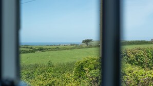 Paesaggio visto da una finestra: un campo erboso, un albero e, in lontananza, il mare.