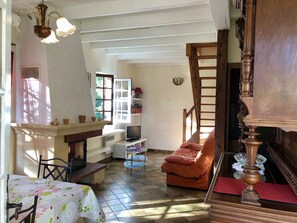 Fernseher, Kamin, DVD-Player, BĂŒcher