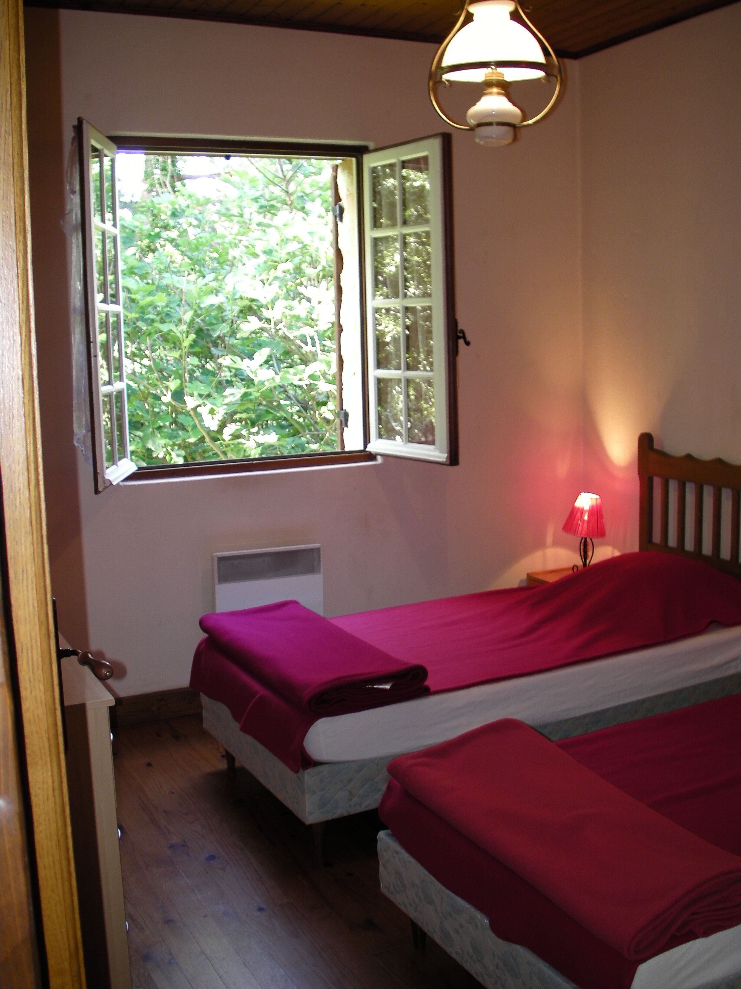 Una camera da letto con due letti, una finestra vista verde, una lampada da comodino e un soffitto in legno.