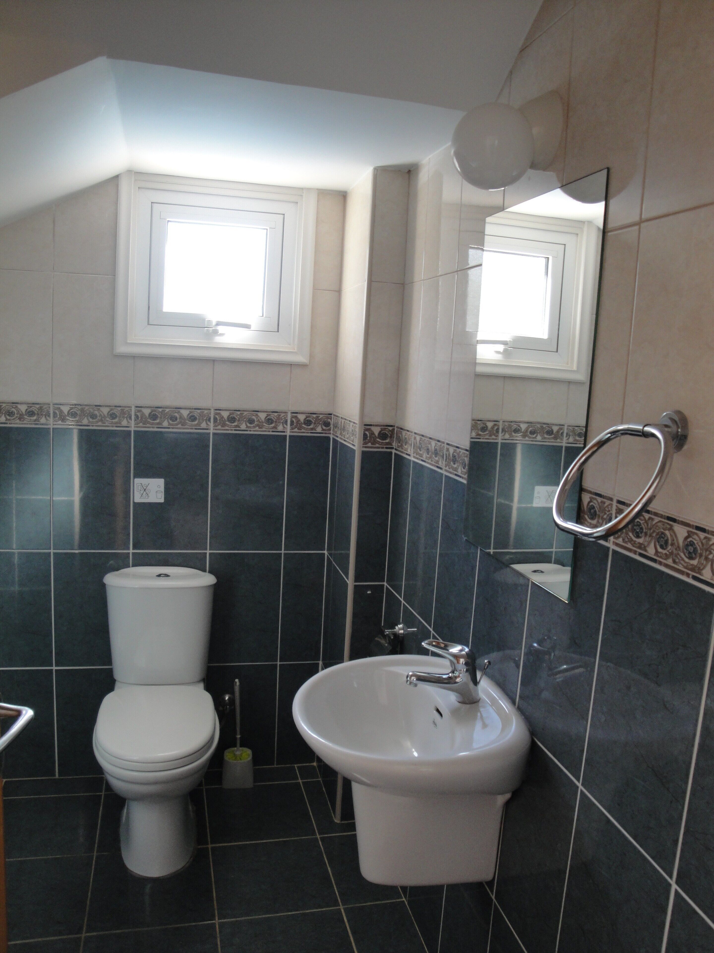 Une salle de bain avec des toilettes, un lavabo et un miroir.