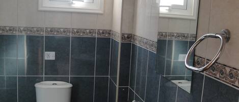 Une salle de bain avec des toilettes, un lavabo et un miroir.