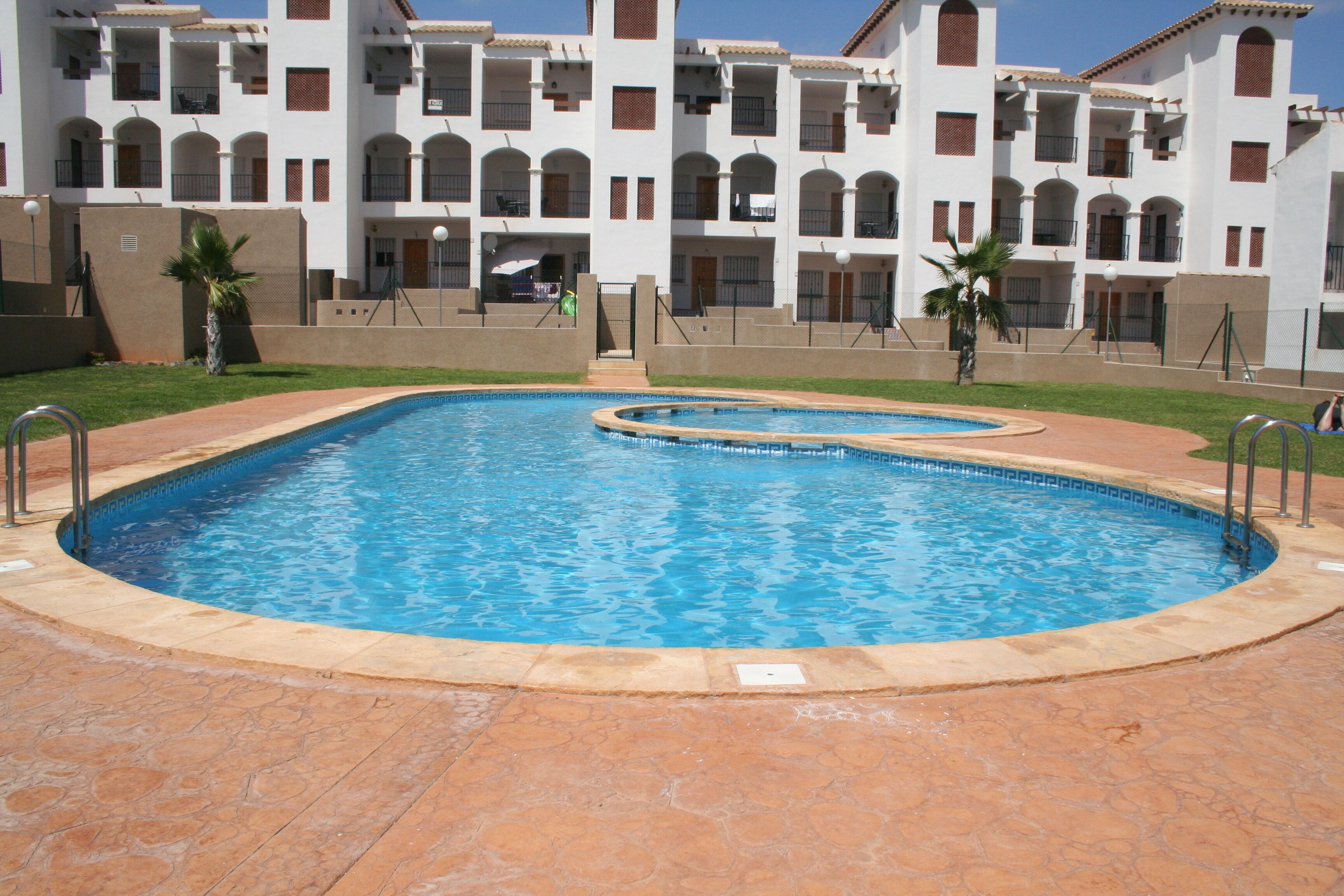 A rectangular swimming pool with a tiled edge, surrounded by a paved area.