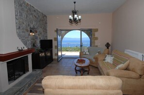Smart TV, fireplace, DVD player, books